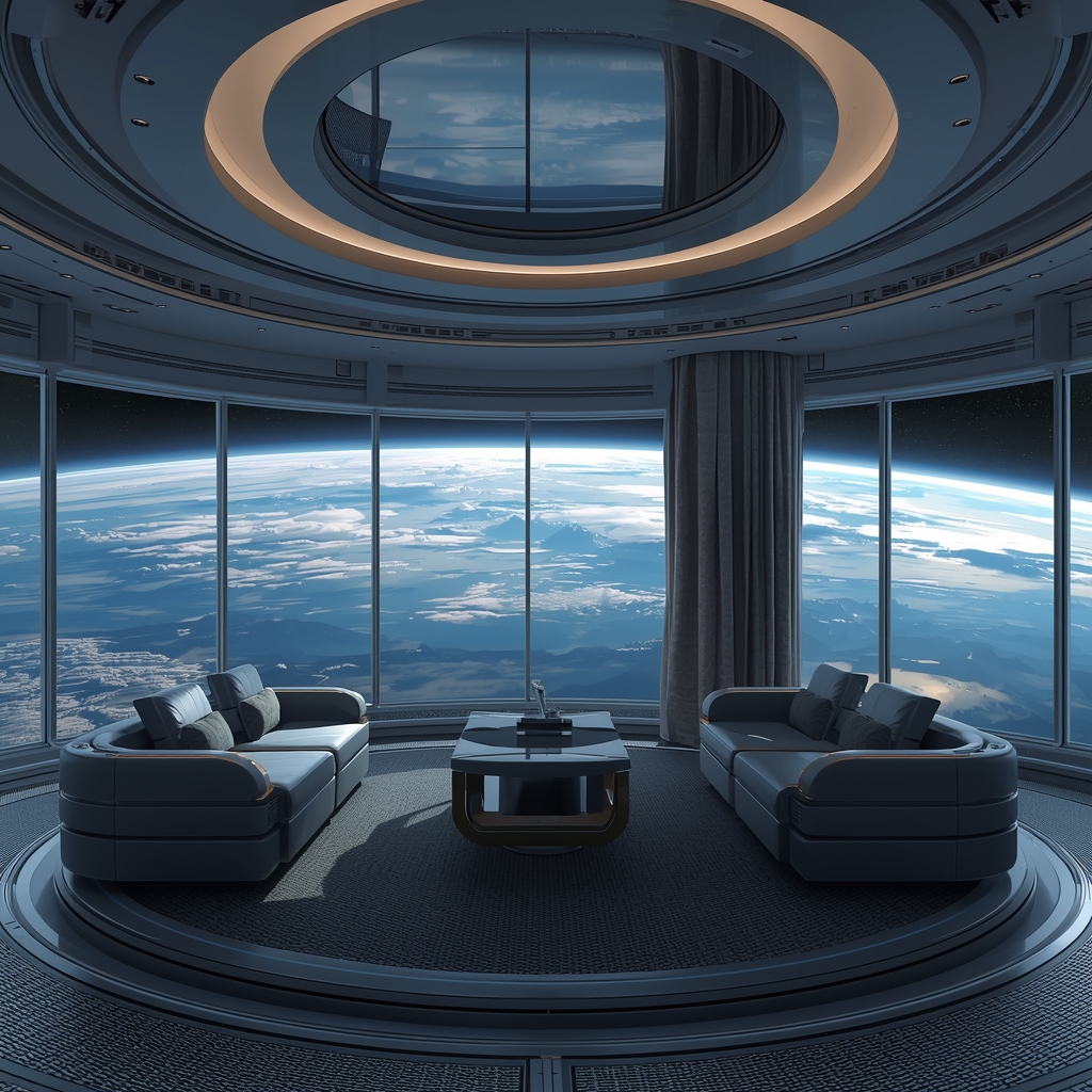 luxury space hotel interior floating in orbit, earth view through large panoramic window, futuristic furniture, sleek design, 8k, no people